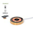 Bamboo wireless charger, 15W, with MagSafe and Qi compatibility, connected to a cable.