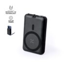 Black portable charger with MagSafe, Qi, and solar panel features, standing upright.