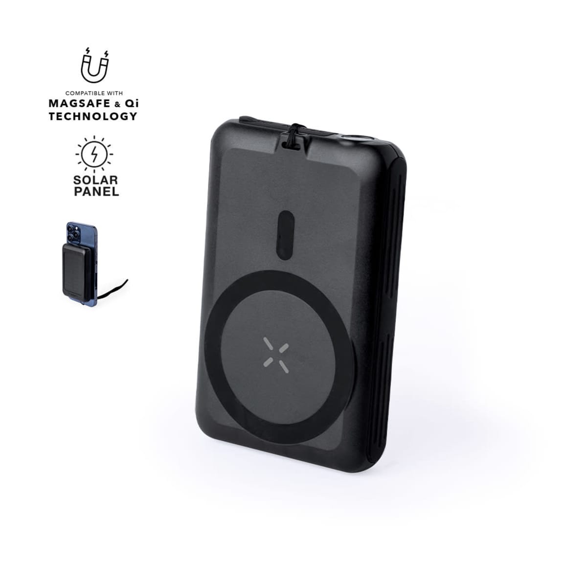 Black portable charger with MagSafe, Qi, and solar panel features, standing upright.