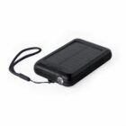 Black portable solar charger with a strap and built-in flashlight.