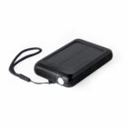 Black portable solar power bank with a wrist strap.