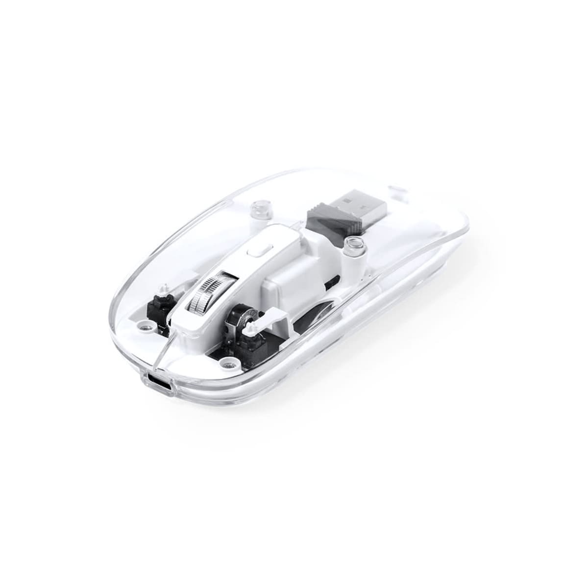 Transparent computer mouse showing internal components.