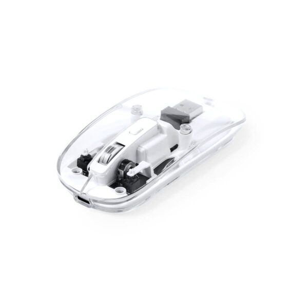 Transparent wireless mouse showing internal components.