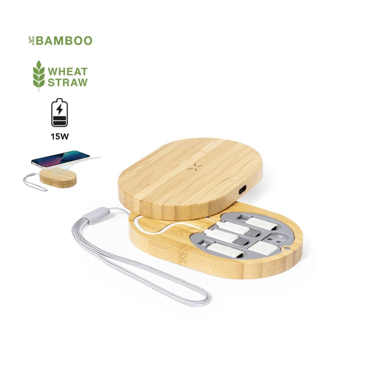 Bamboo wireless charger with USB cables and phone icons on top left.