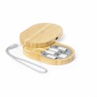 Open bamboo case with USB drives inside and a wrist strap on the side.