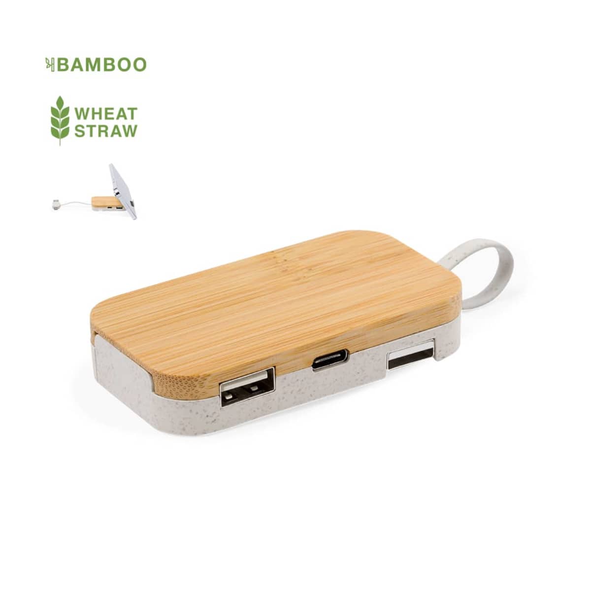 Rectangular bamboo and wheat straw USB hub with various ports and a short cable.