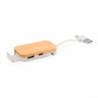 Wooden USB hub with multiple ports and attached cable against a white background.