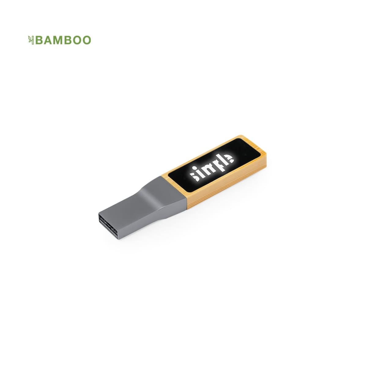 USB flash drive with bamboo casing and digital display on a white background.