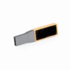 USB flash drive with a black top and yellow border on a white background.