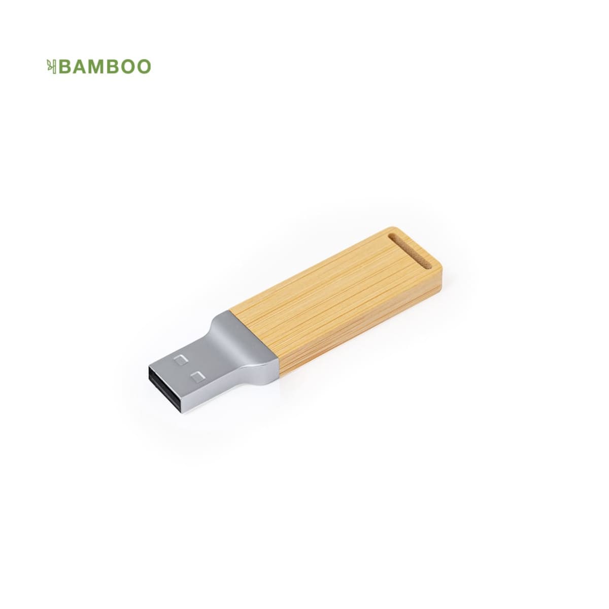 Bamboo USB flash drive with silver connector on white background.