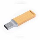 Wooden USB flash drive with a metallic connector, isolated on a white background.