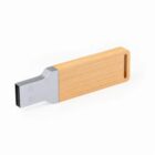 A wooden USB flash drive with a silver connector on a white background.