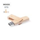 Wooden OTG USB flash drive with swivel cover on a white background.