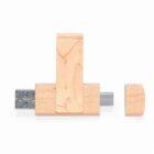 Wooden USB flash drive with detachable cap on a white background.