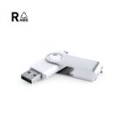 White USB flash drive with a metal swivel cover on a plain background.