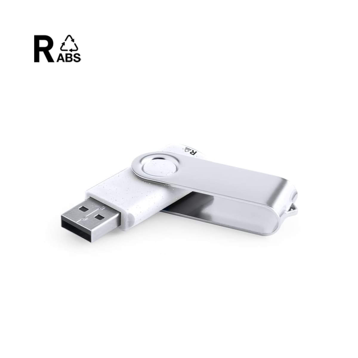White USB flash drive with a metal swivel cover on a plain background.