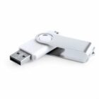White and silver USB flash drive with a swivel cover on a white background.