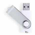A white swivel USB flash drive with a metal cover partially open.