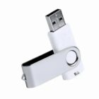 White USB flash drive with a swivel metal cover.