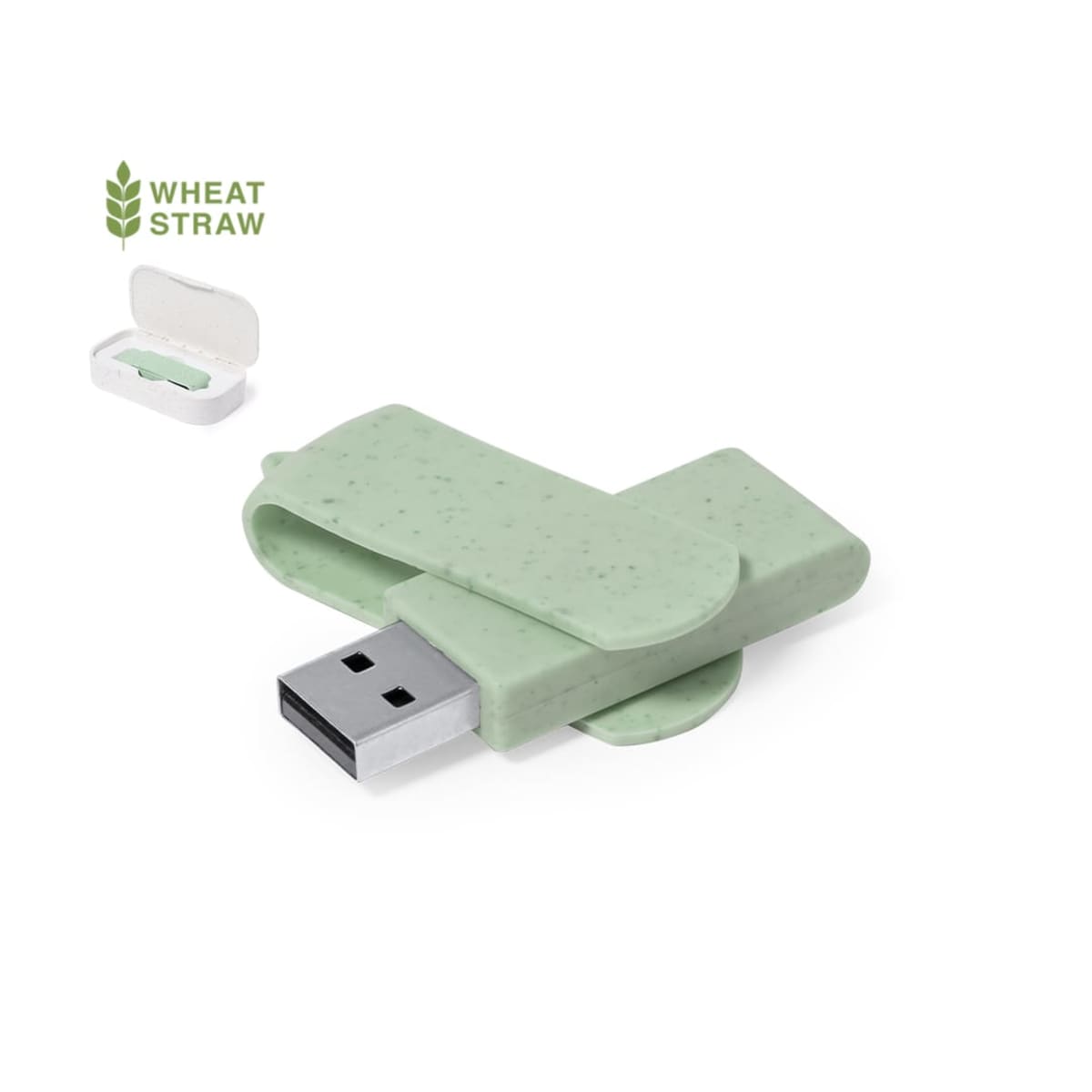 Green USB drive made of wheat straw, with a rotating cover, on a white background.