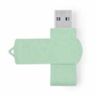 Mint green USB flash drive with a swivel cover on a white background.