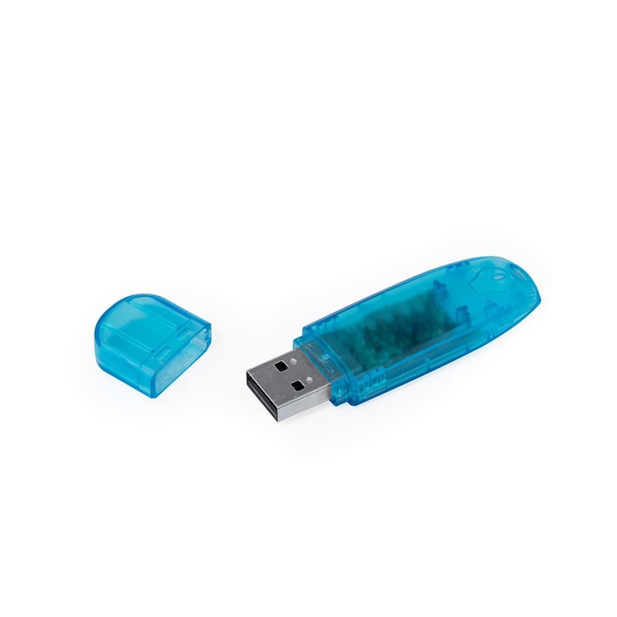 Blue USB flash drive with its cap removed, placed on a white background.