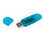 Blue USB flash drive with removed cap, exposing the metal connector.