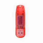 A red USB flash drive with a transparent casing, showing internal components.