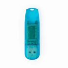 Blue USB flash drive with a translucent case on a white background.