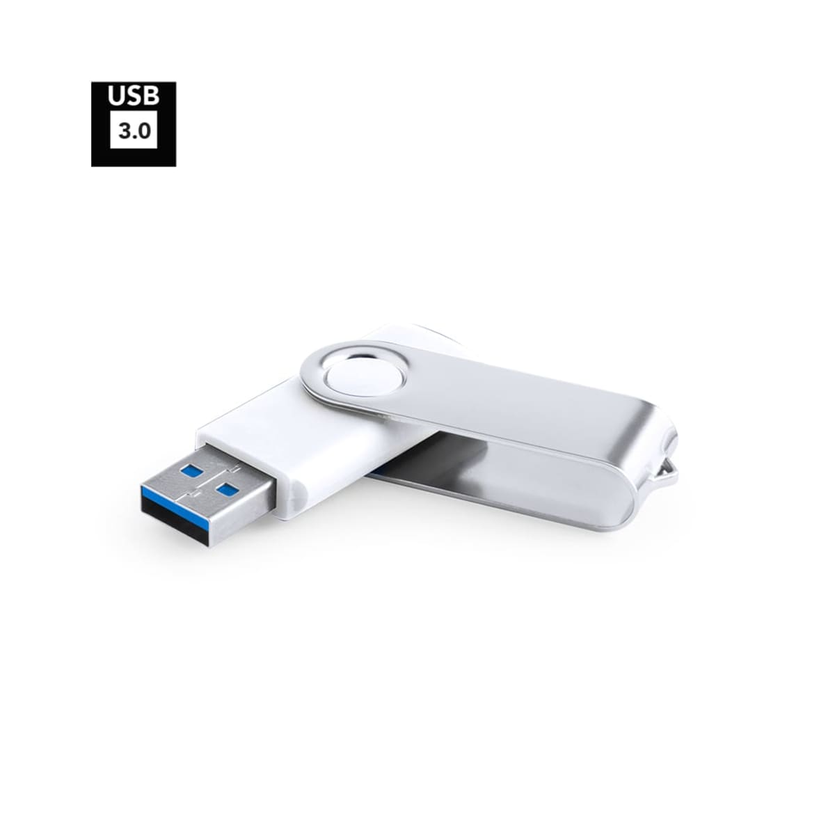 Silver USB 3.0 flash drive with swivel cover on a white background.