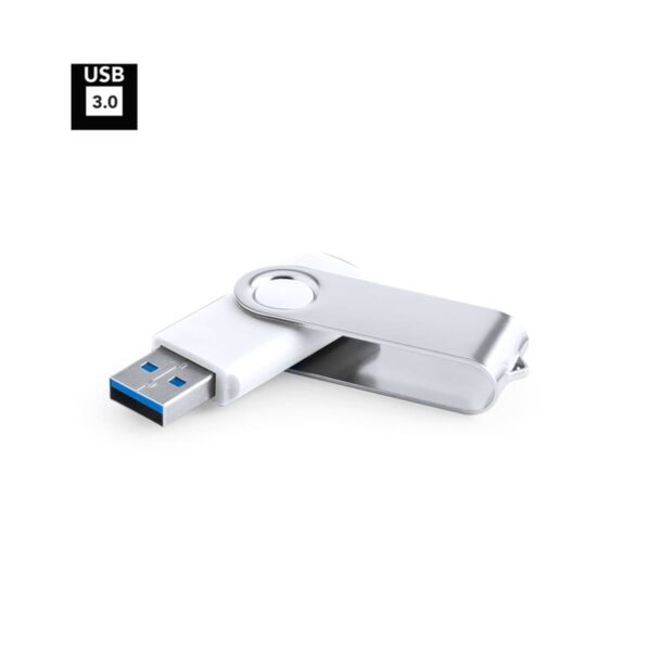 Silver USB flash drive with a swivel cover on a white background.