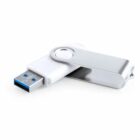 Silver swivel USB flash drive with a blue port on a white background.
