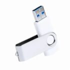 A white swivel USB drive with a silver metal cover.
