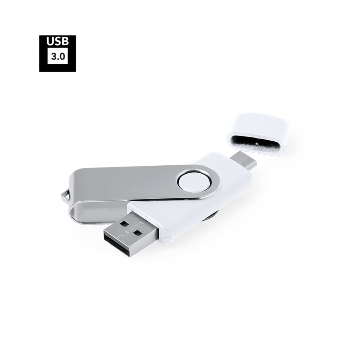 White and silver USB 3.0 flash drive with a removed cap.