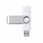 Silver swivel USB flash drive with a white body on a white background.