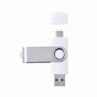 White USB flash drive with swivel metal cover, cap removed, showing USB connectors.