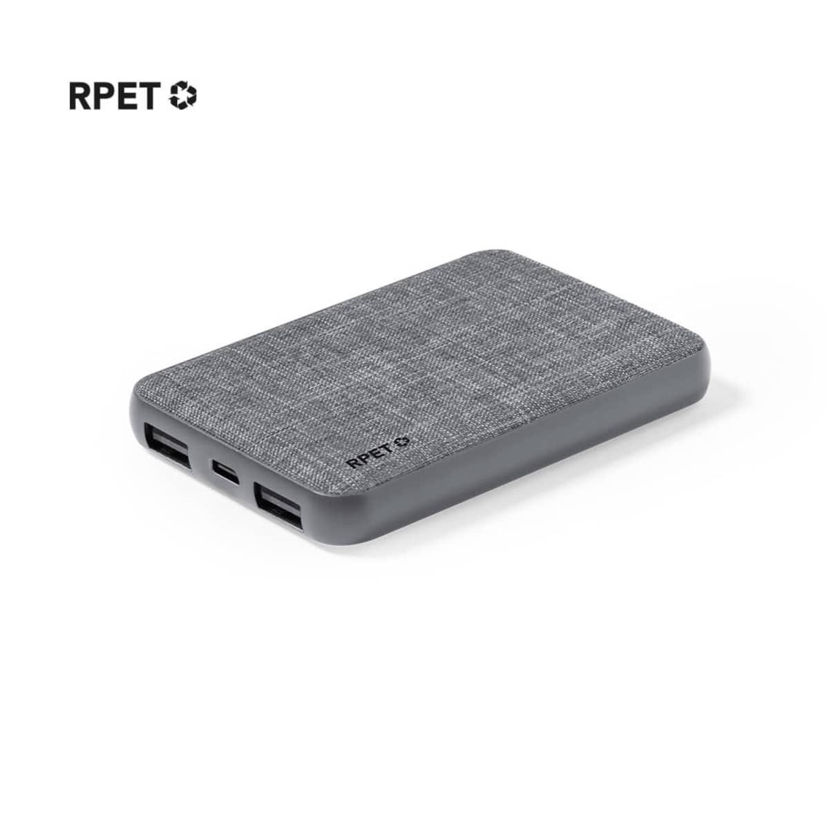 Gray rectangular power bank with fabric texture and multiple ports, branded with RPET logo.