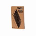 Eco-friendly power bank in brown packaging with black illustration and RPET recycling symbol.