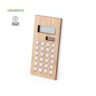 Bamboo solar-powered calculator with white buttons on a white background.