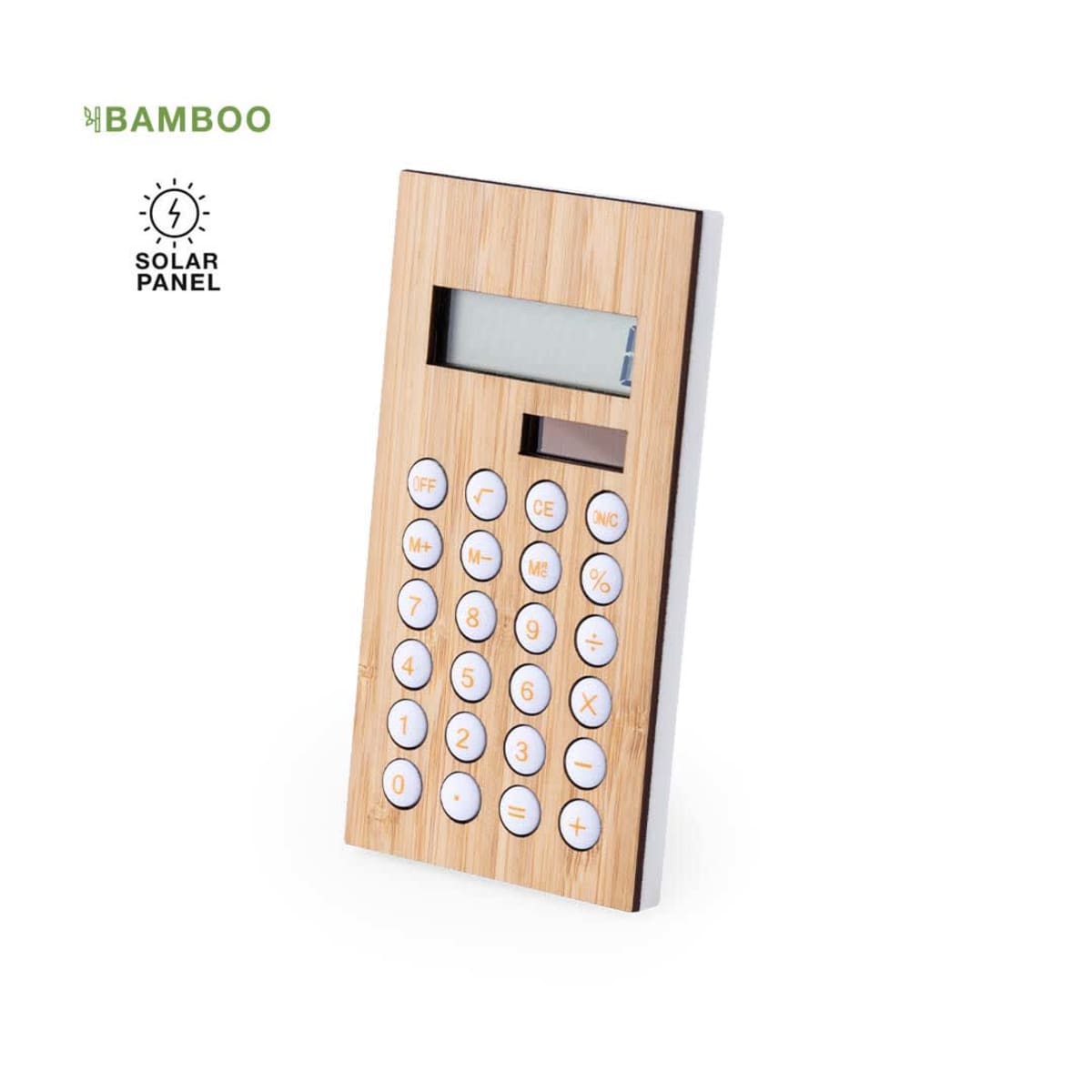 Bamboo solar-powered calculator with white buttons on a white background.