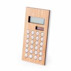 Wooden calculator with white buttons and a small display.