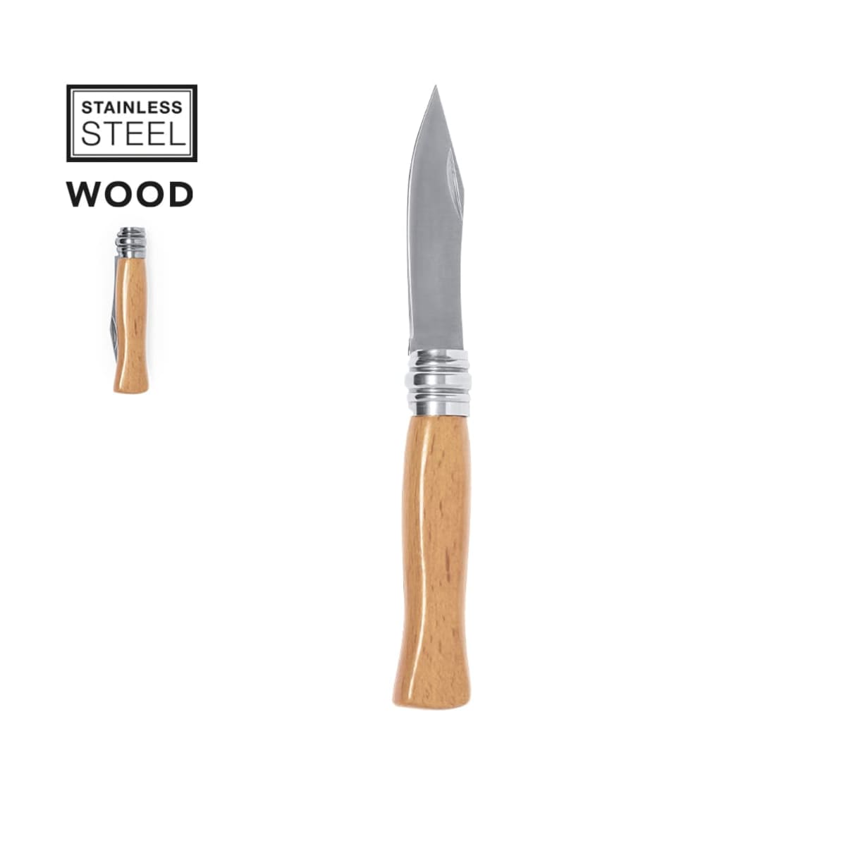 Folding knife with a wooden handle and stainless steel blade on a white background.