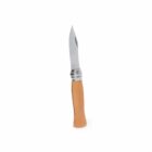 Folding knife with a wooden handle and a sharp metal blade.