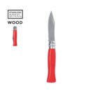 Red-handled folding knife, stainless steel and wood, on a white background.