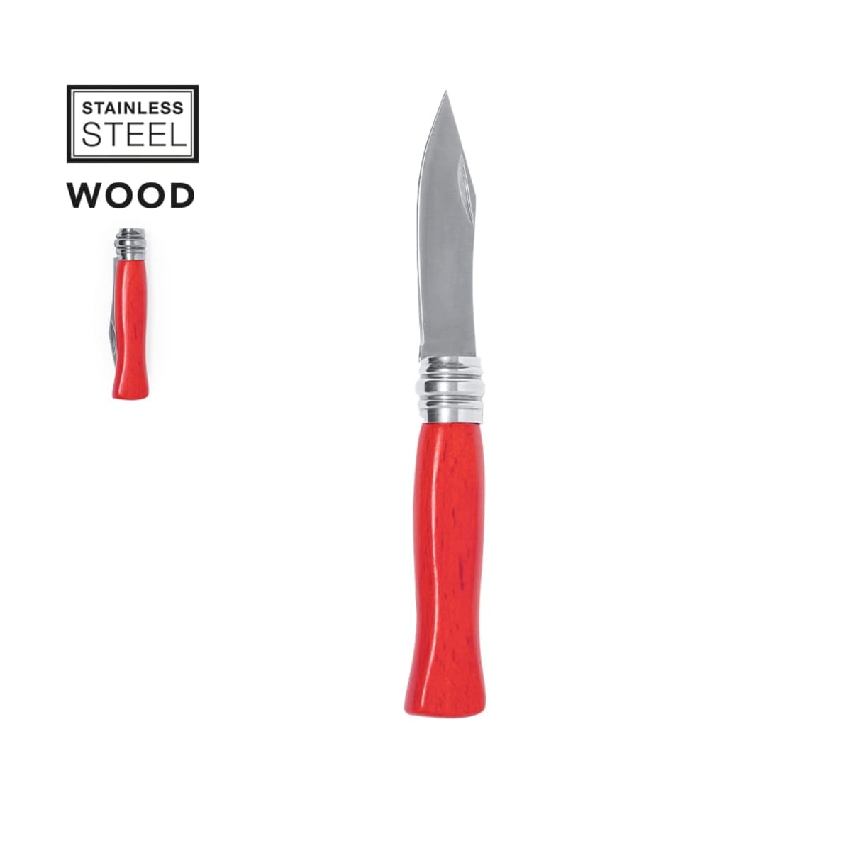Red-handled folding knife, stainless steel and wood, on a white background.