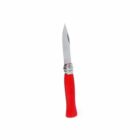 A red-handled pocket knife with an open blade.