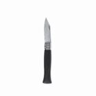 Pocket knife with a black handle and a shiny metal blade, shown upright.