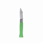 Folding knife with green handle and silver blade on a white background.