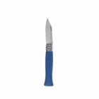 Folding knife with blue handle and open blade on a white background.