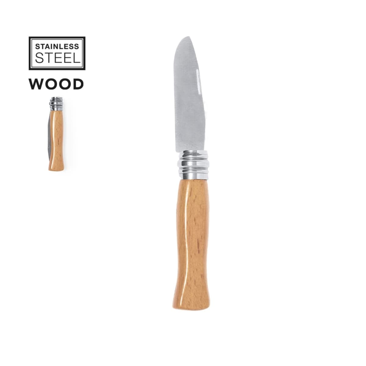 Folding knife with a wooden handle and stainless steel blade on a white background.